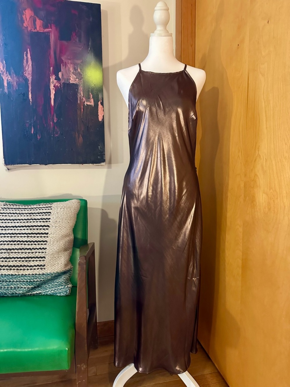 Free People-Halter Midi Dress in Metallic Rose